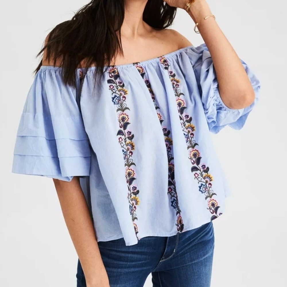 American Eagle Top Blue Off The Shoulder Embroidered Boho Peasant Blouse Small